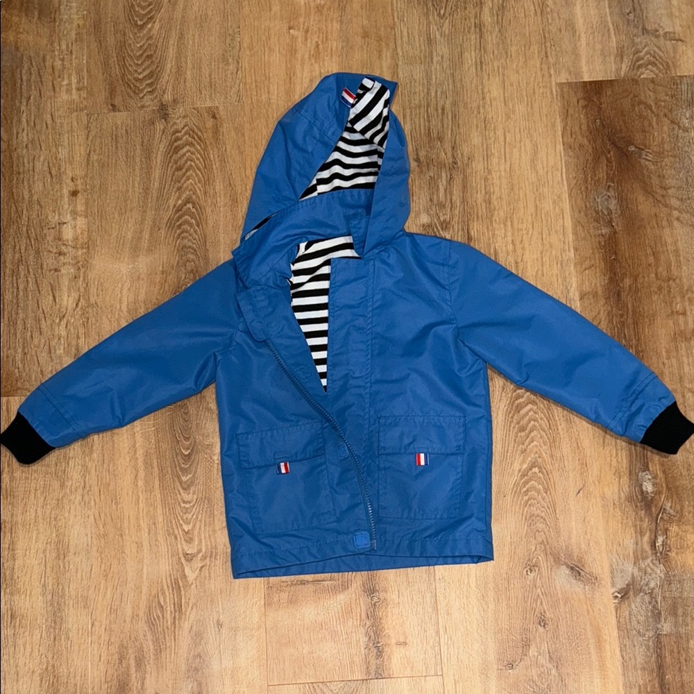 Blue Hooded Rain Jacket with Striped Lining 3T